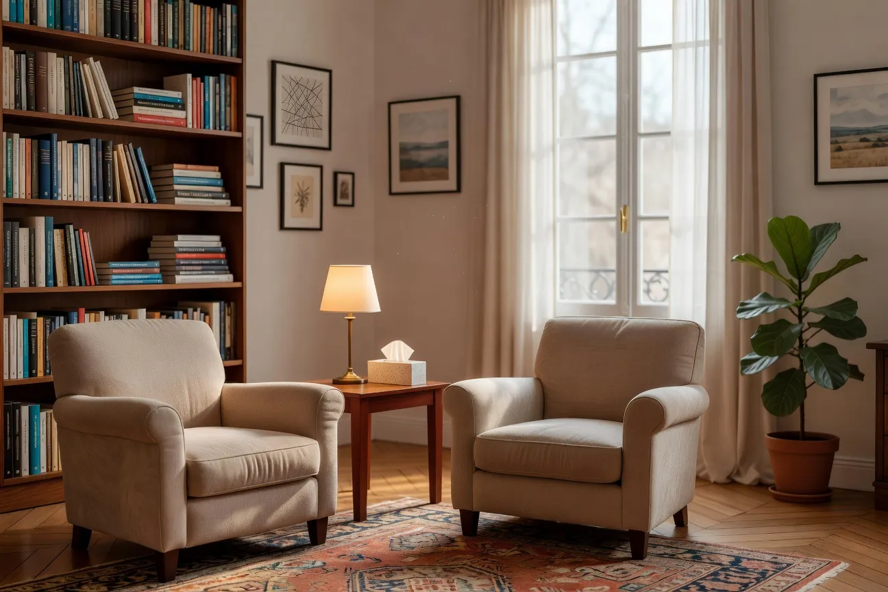Cabinet de psychologue à Paris avec fauteuils, livres et lumière chaleureuse