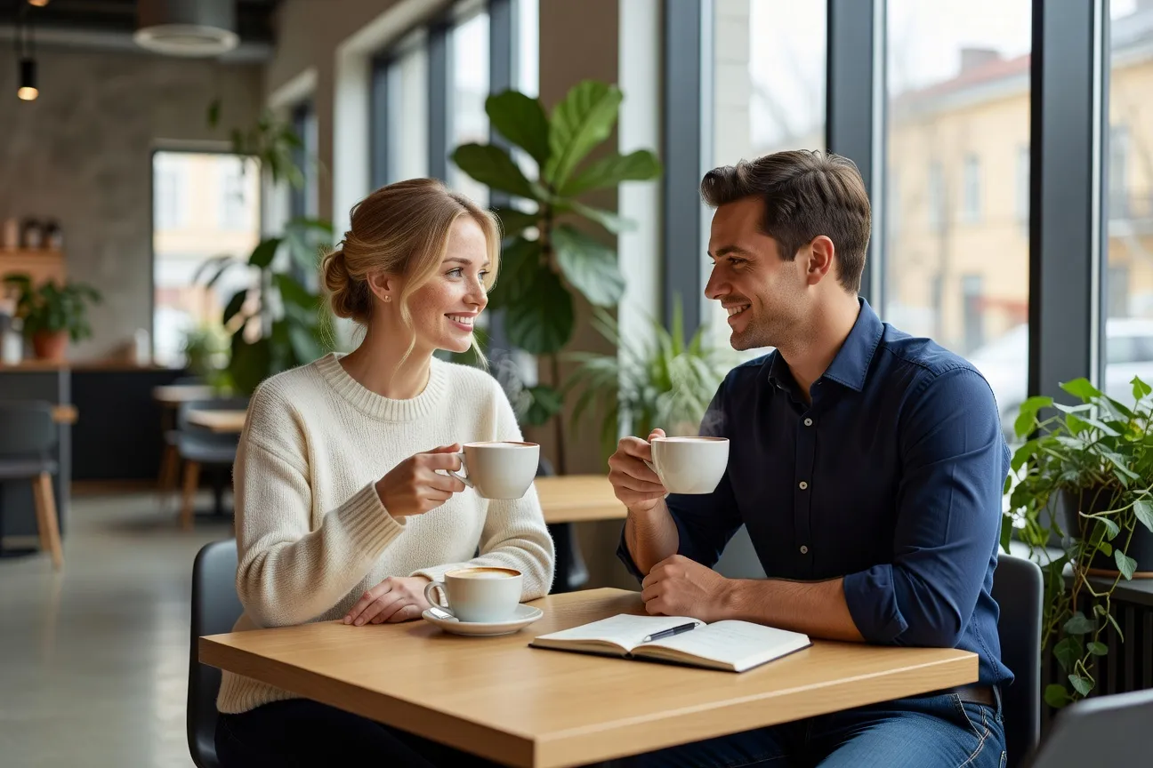 Femme russe et homme français en discussion dans un café moderne