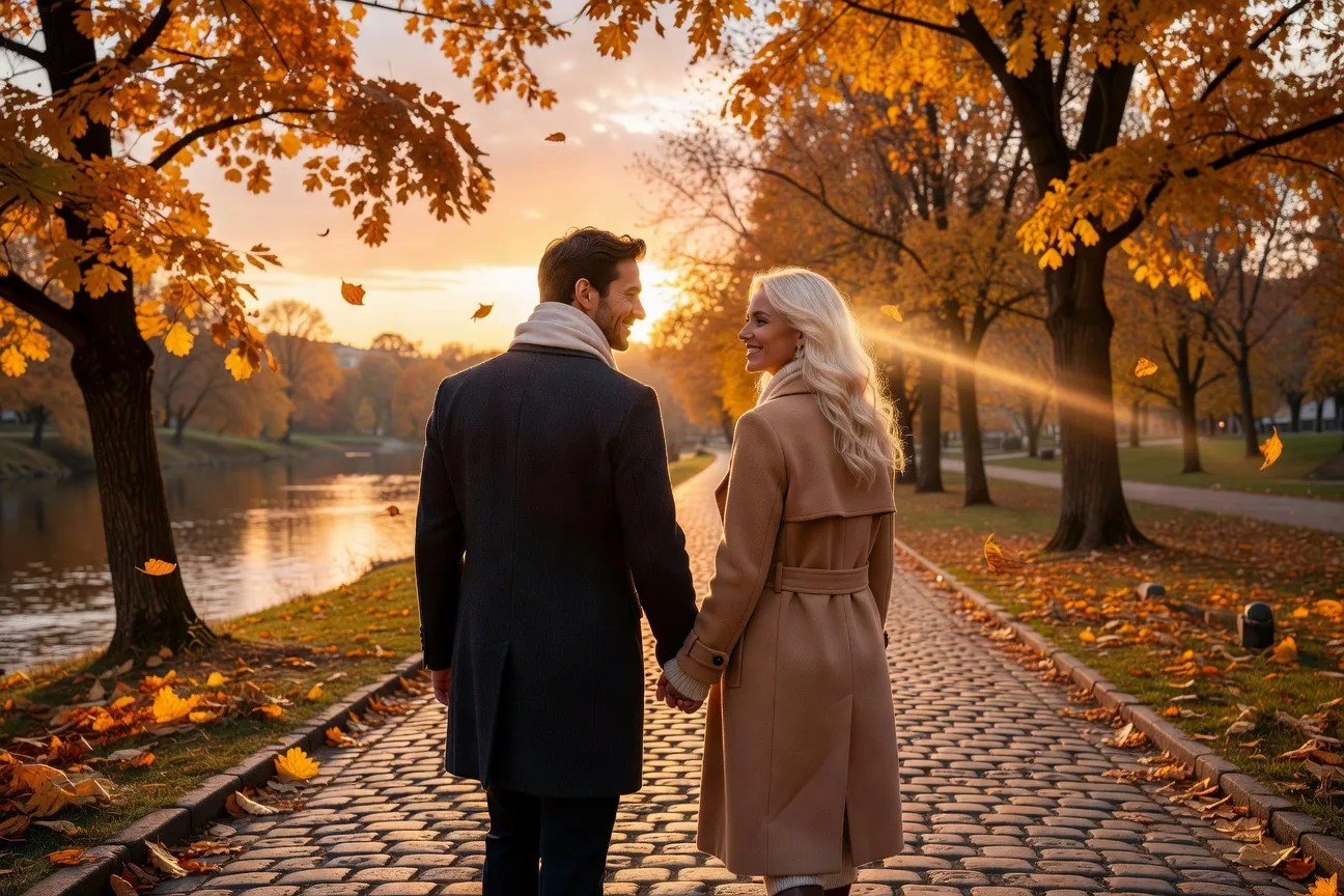 Couple franco-russe en promenade le long d'un fleuve au coucher du soleil
