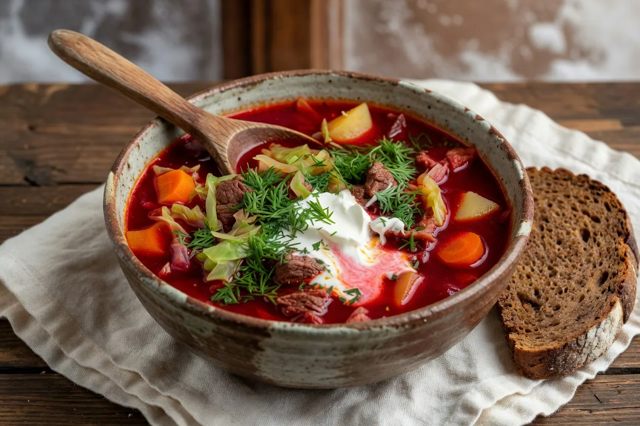 Bortsch russe traditionnel avec smetana et aneth dans un bol en céramique