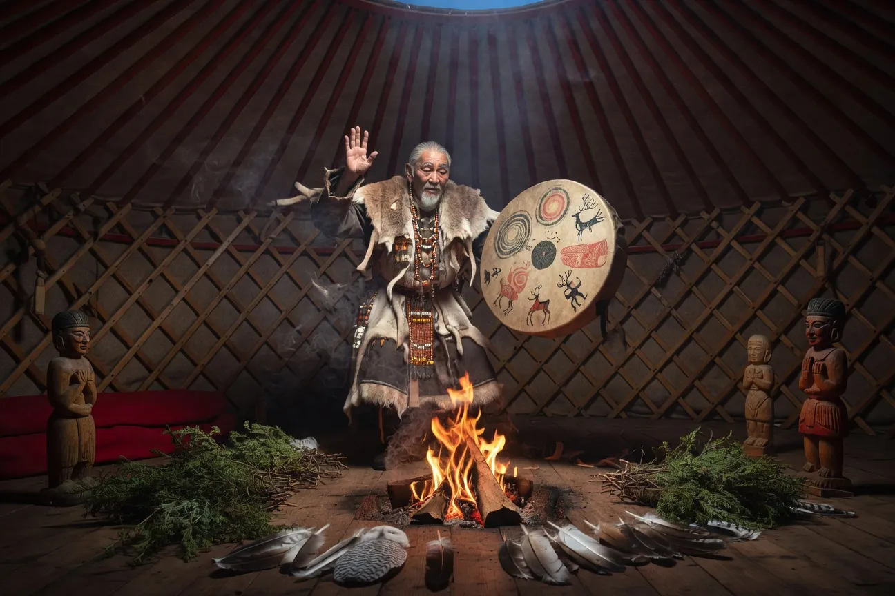 Rituel chamanique au tambour dans une yourte fumante de Yakoutie