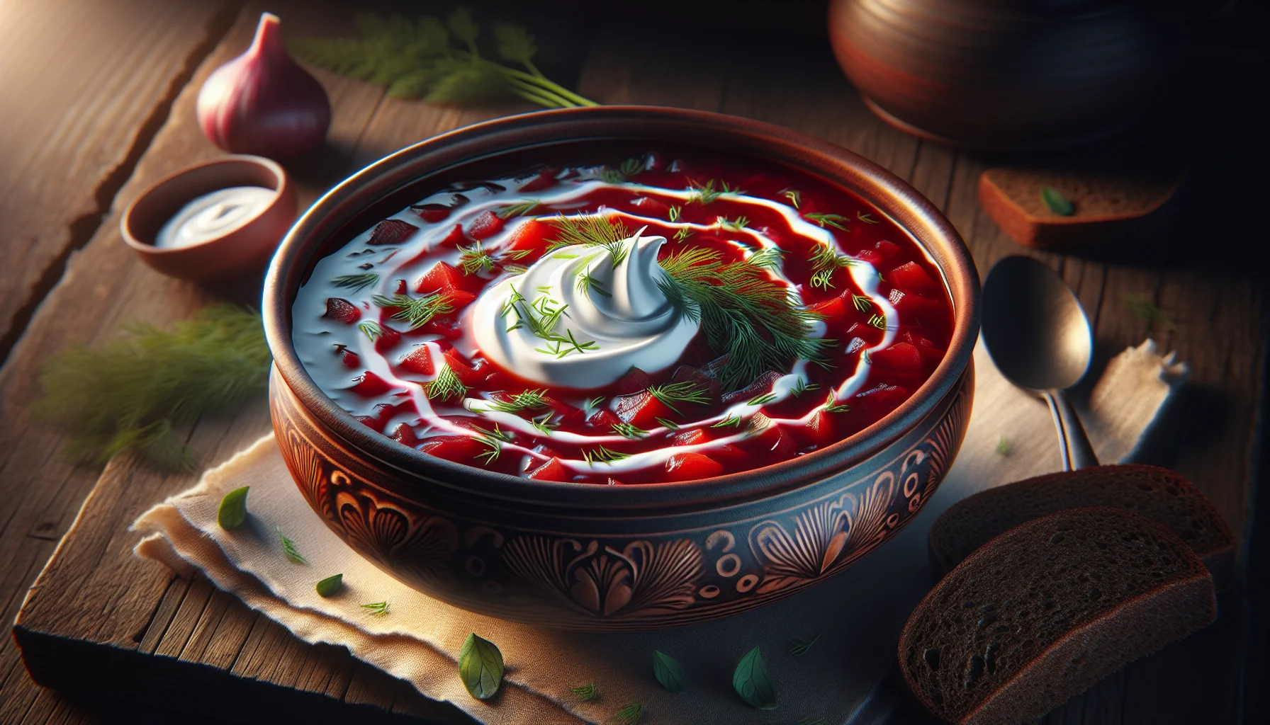 Assiette de borchtch russe traditionnelle avec creme aigre et pain noir