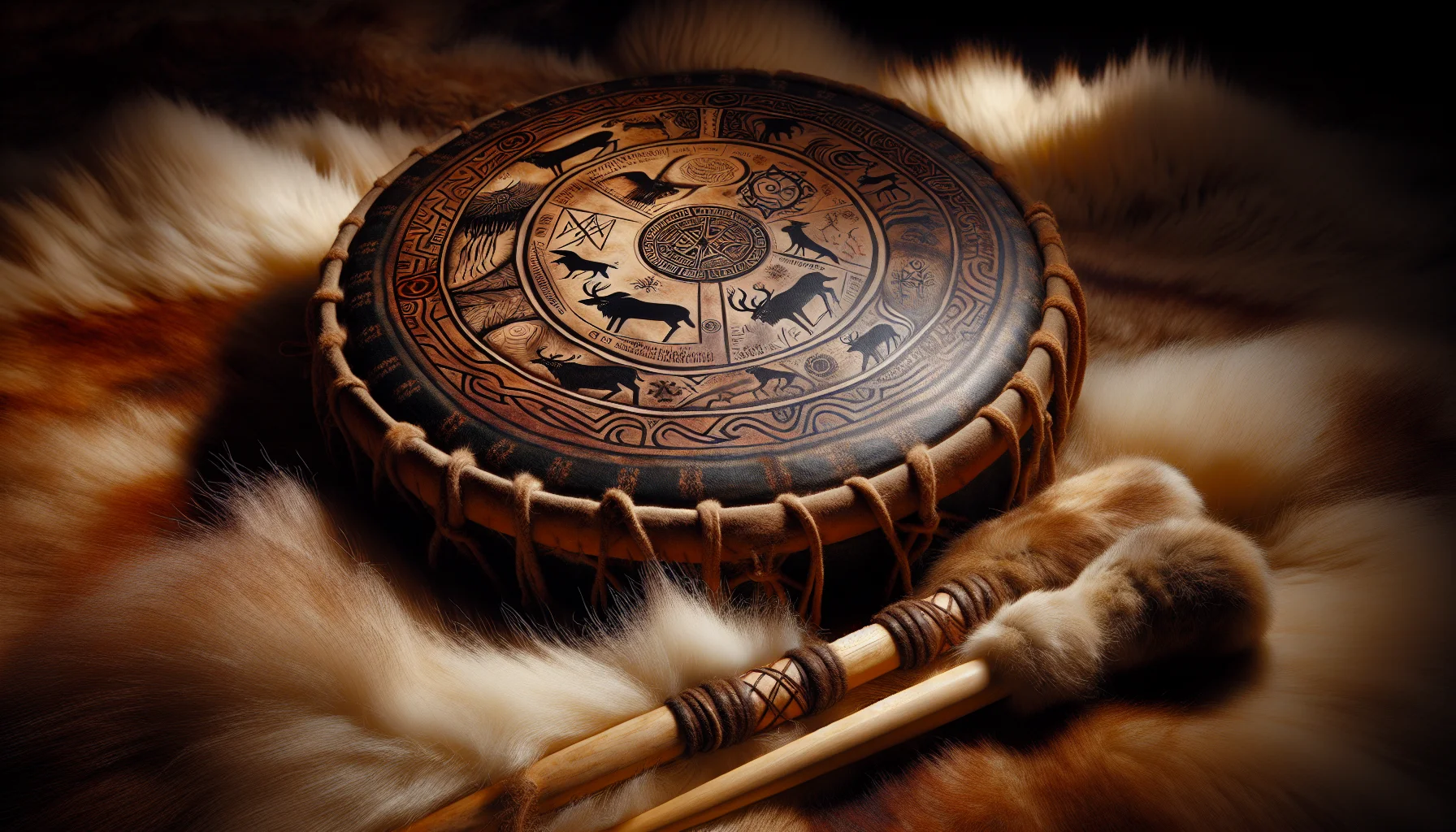 Gros plan sur un tambour chamanique traditionnel orne de symboles et de figures animales