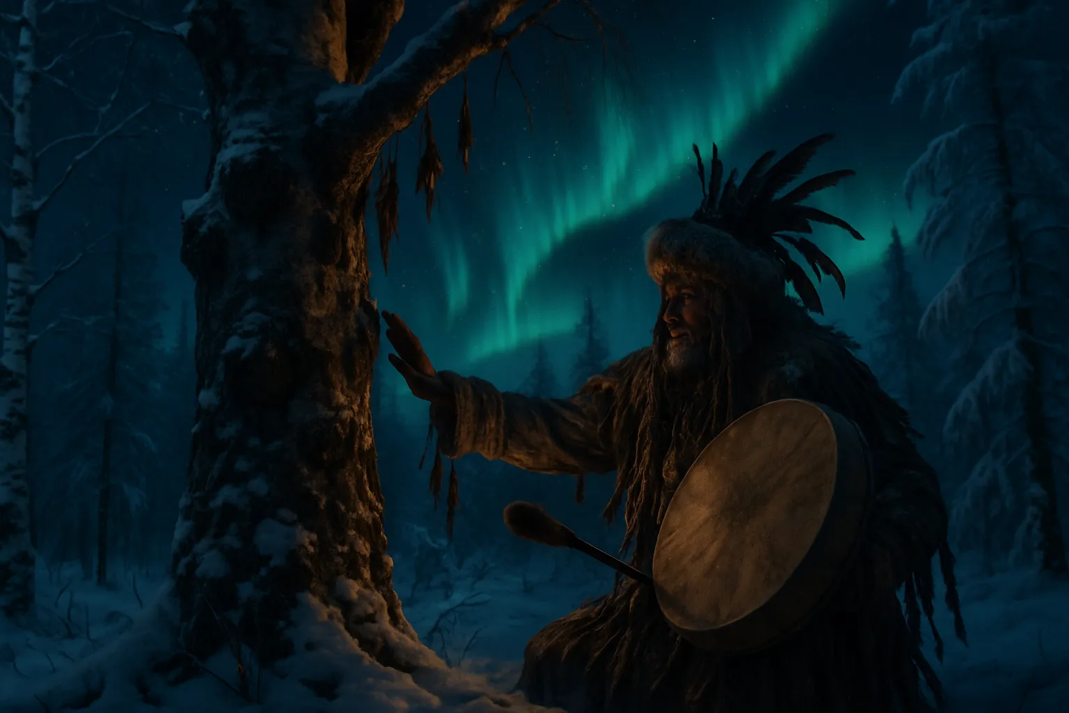 Chamane siberien effectuant un rituel sacre dans la taiga enneigee sous les aurores boreales