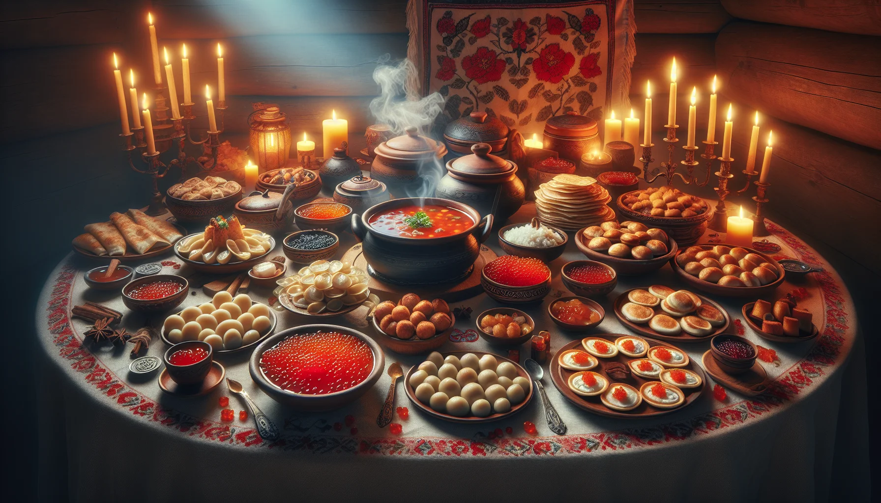 Table de fete russe avec borchtch, pelmeni et blinis