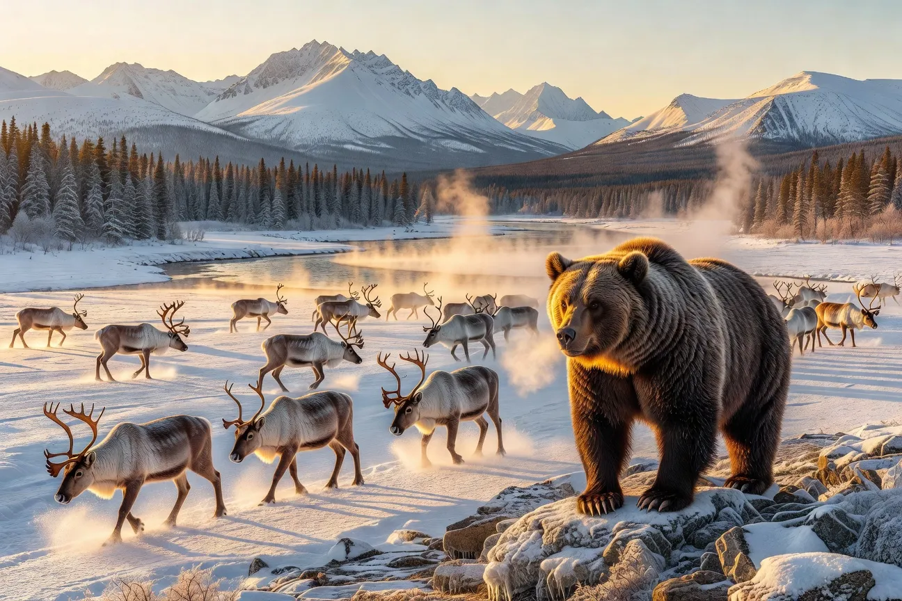 Ours brun, renne et paysage de toundra siberienne au crepuscule