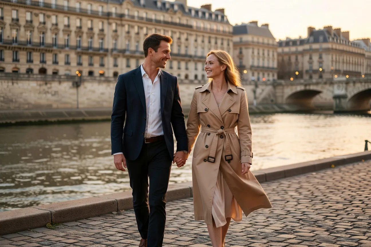 Couple franco-slave souriant dans un cafe parisien lumineux