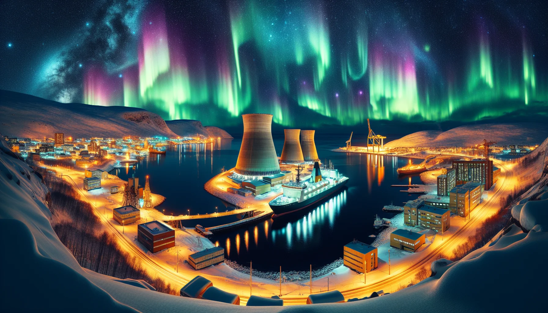 Aurores boreales vertes et violettes au-dessus de Mourmansk en hiver