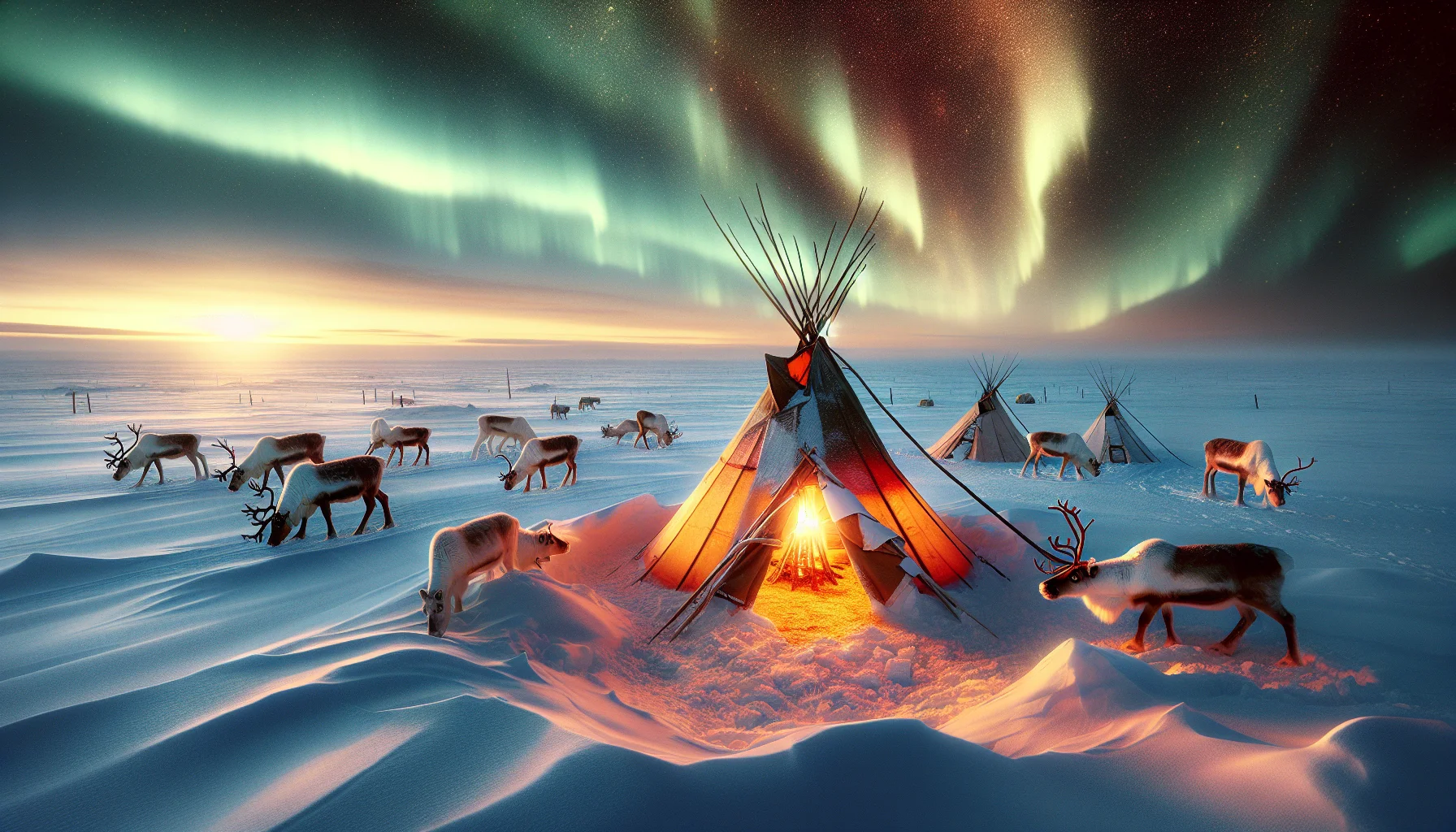 Eleveurs nenets guidant un troupeau de rennes dans la toundra de la peninsule de Yamal