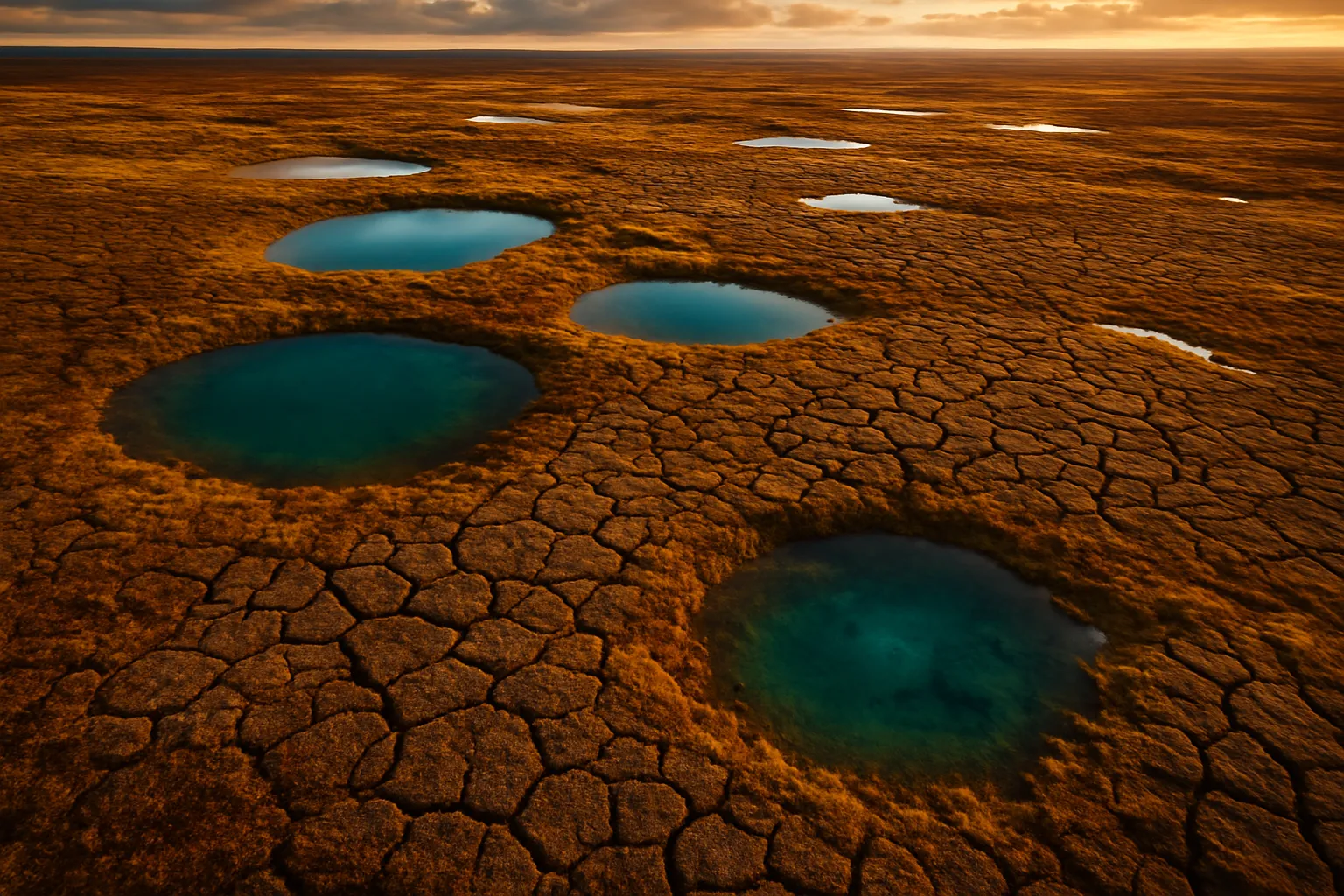 Paysage de permafrost en Yakoutie avec lacs thermokarstiques formes par la fonte du sol gele en Siberie