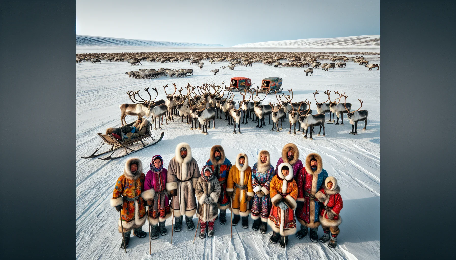 Famille nenets avec troupeau de rennes sur la toundra de Yamal