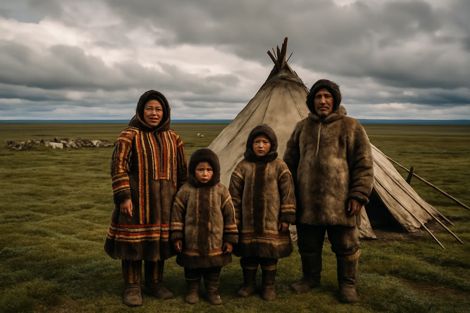 Tchouktches et yaranga sur la toundra arctique